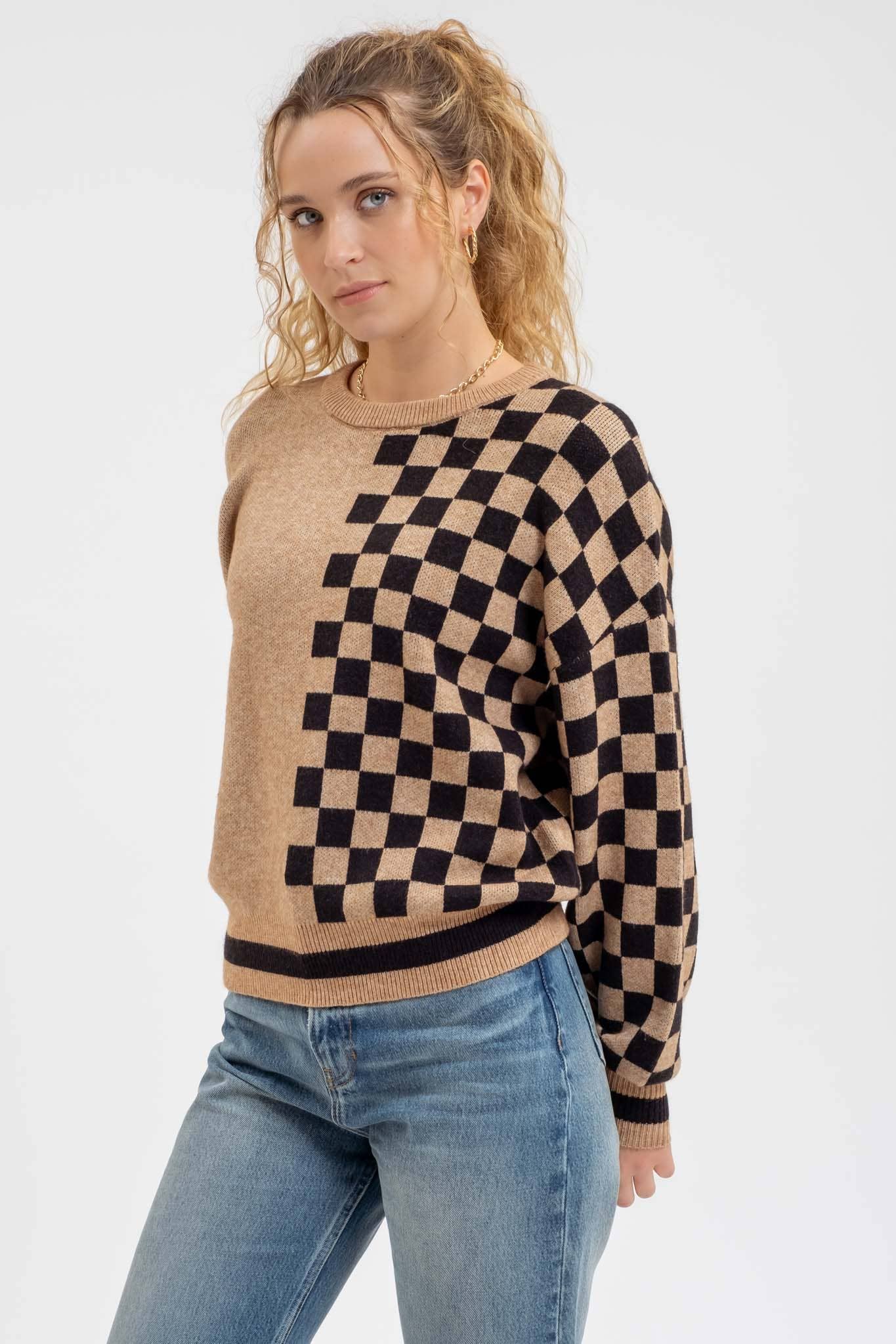 "Willow" Checked Sleeve Crewneck