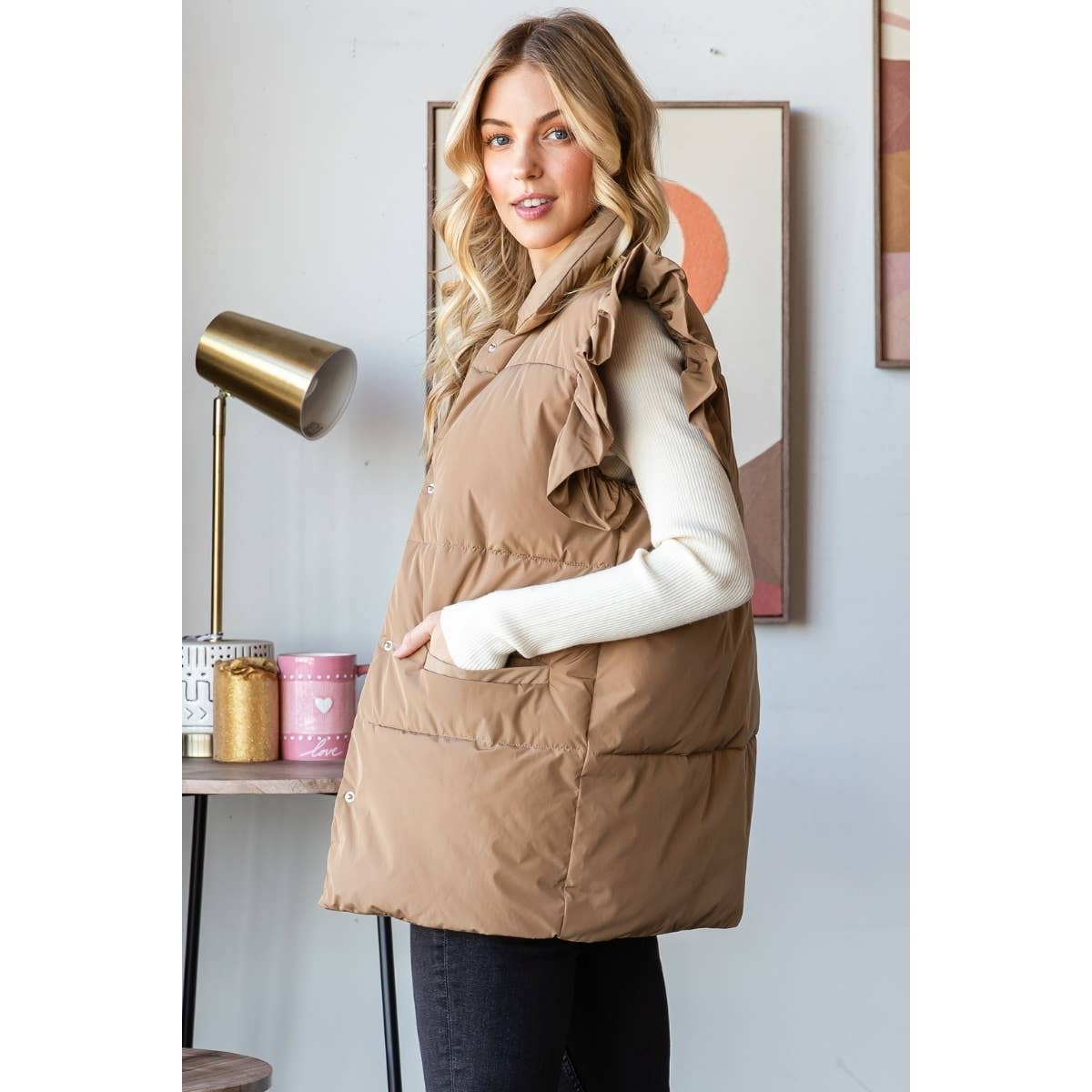 Ruffle Short Sleeve Padded Vest: Mocha