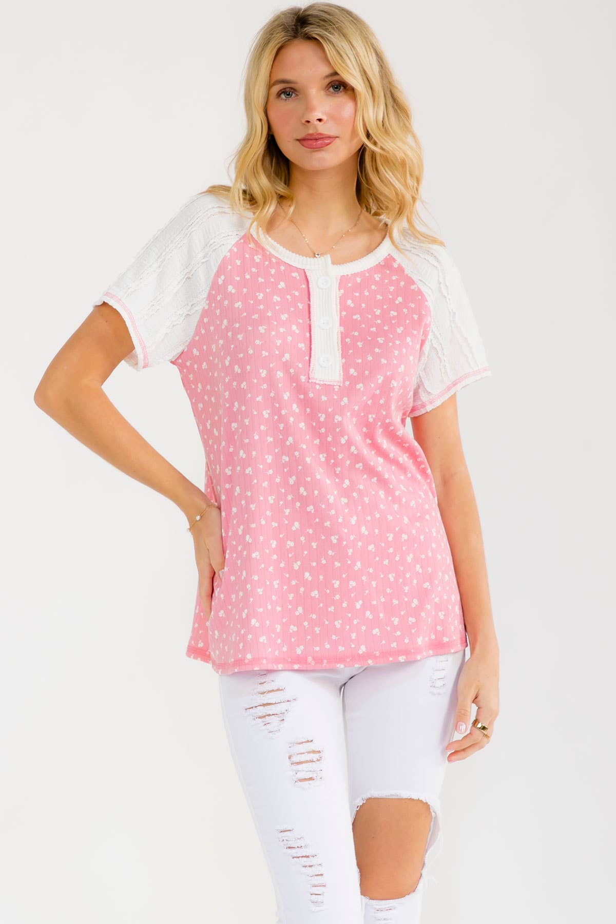 Floral Contrast Sleeve Henley