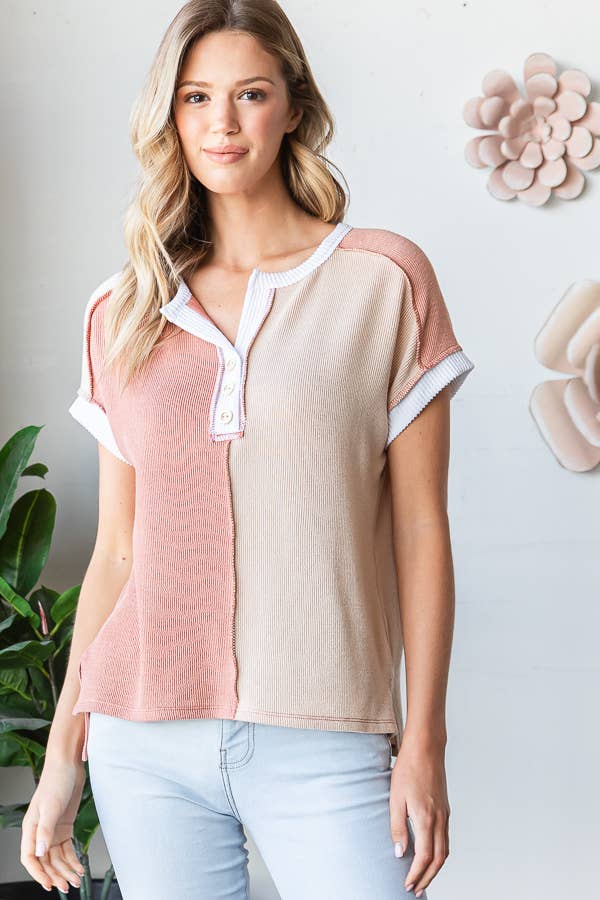 Ribbed Color Block Button  Top