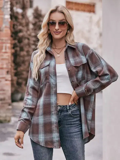 Oversized Loose Plaid Shirt Coffee