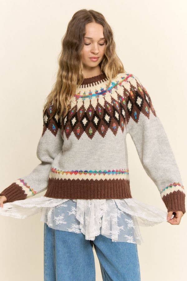 Fair Isle Yoke Crew Sweater: Grey Mocha
