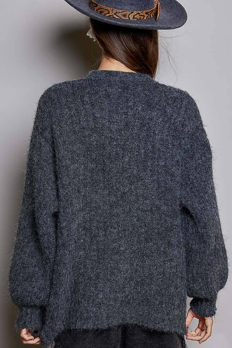 Oversized Ribbed Knit V-Neck Button Pockets Cardigan ALMOND / OS