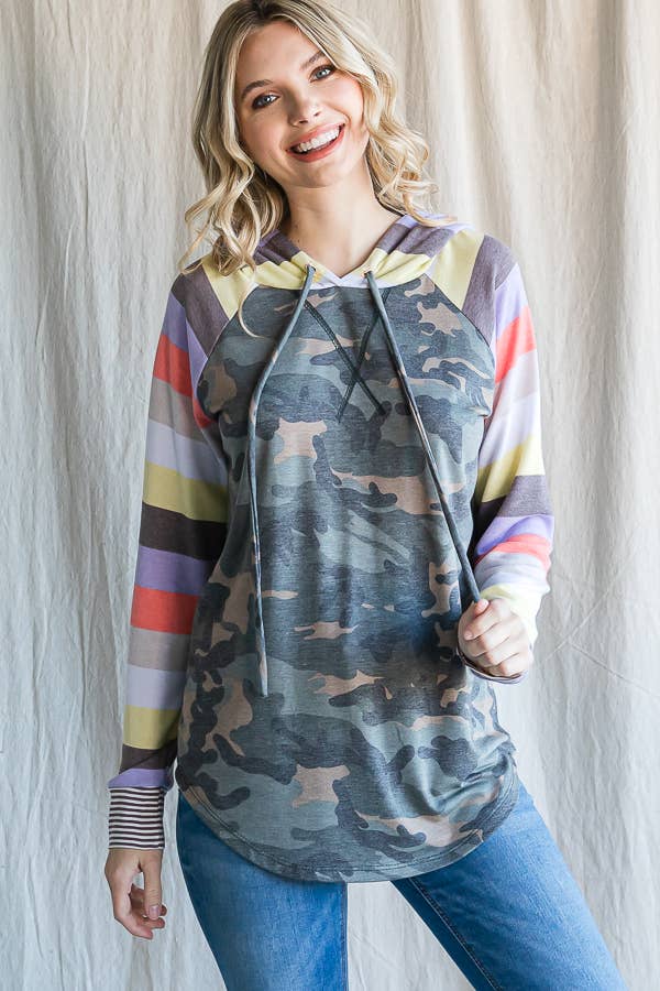 Camo Print Stripe Raglan Sleeve Hoodie