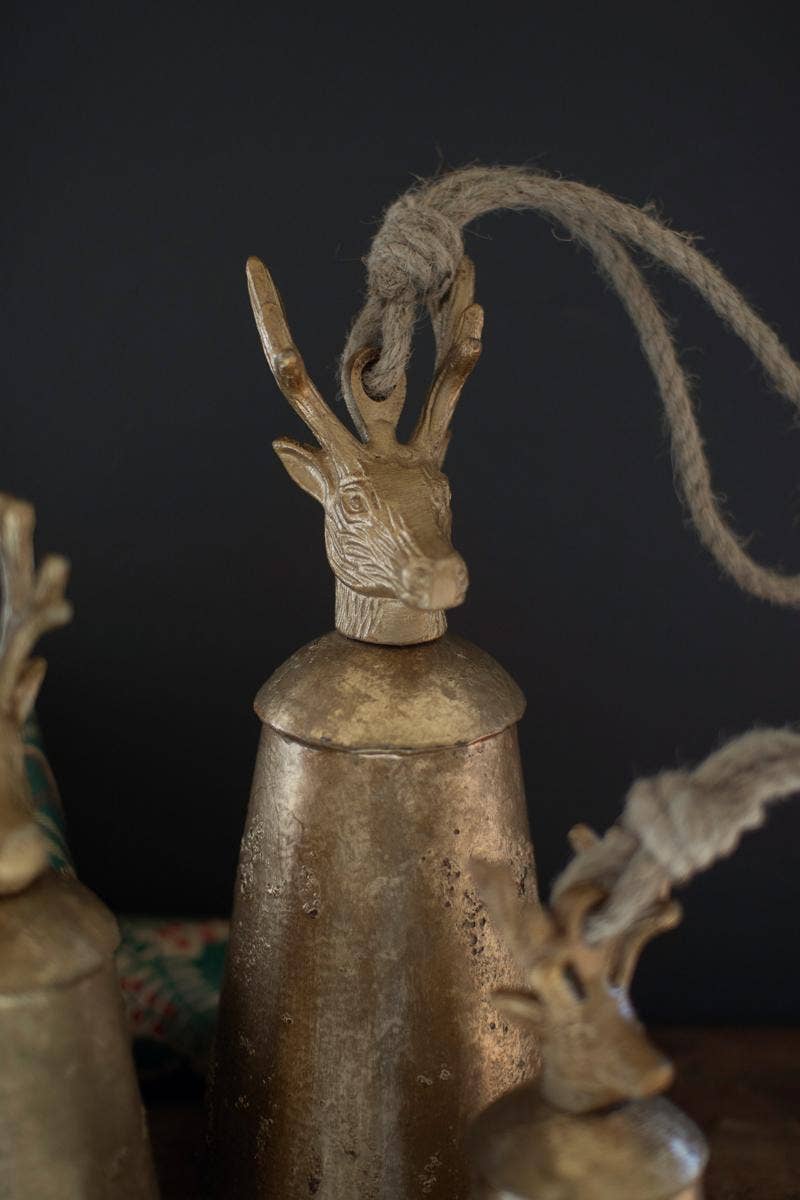 ANTIQUE GOLD METAL CHRISTMAS BELLS W DEER FINIALS