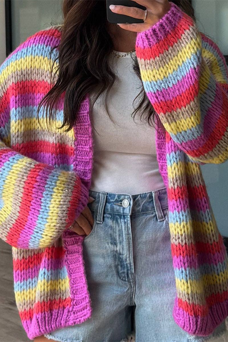 Striped Open-Front Chunky Cardigan