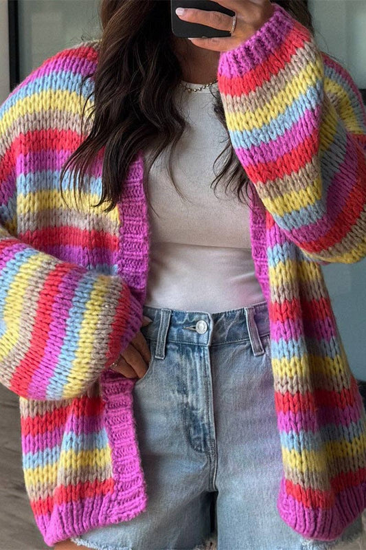 Striped Open-Front Chunky Cardigan