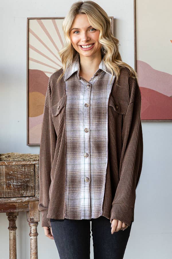 Rib Plaid Contrast Drop Shoulder Button Down Shacket