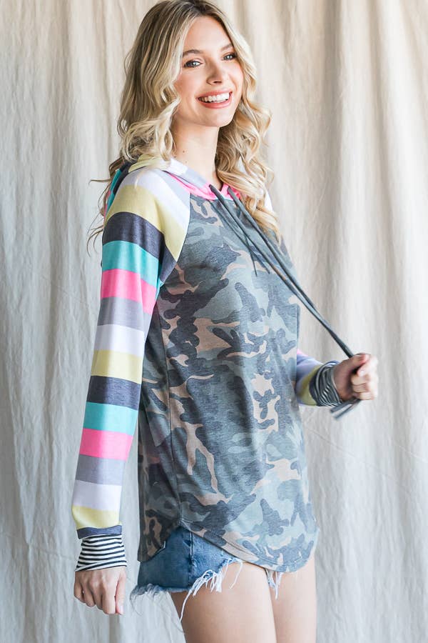 Camo Print Stripe Raglan Sleeve Hoodie