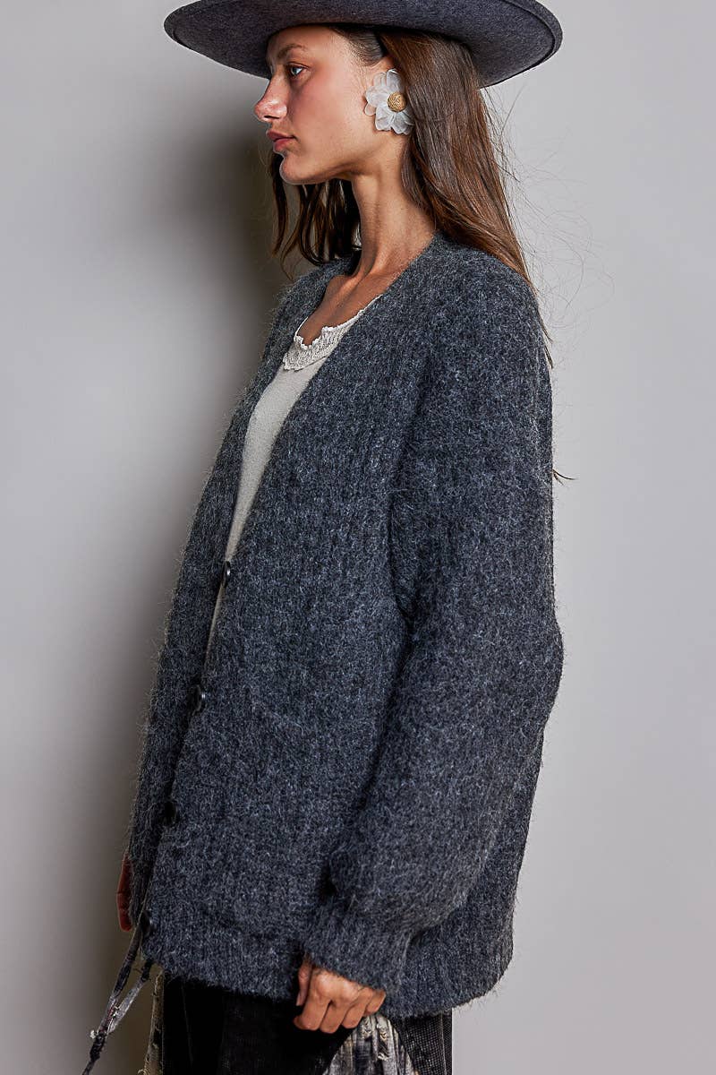 Oversized Ribbed Knit V-Neck Button Pockets Cardigan ALMOND / OS