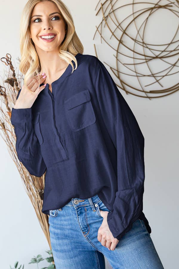 LS ROUND NECK BUTTON DOWN BLOUSE: BLUE