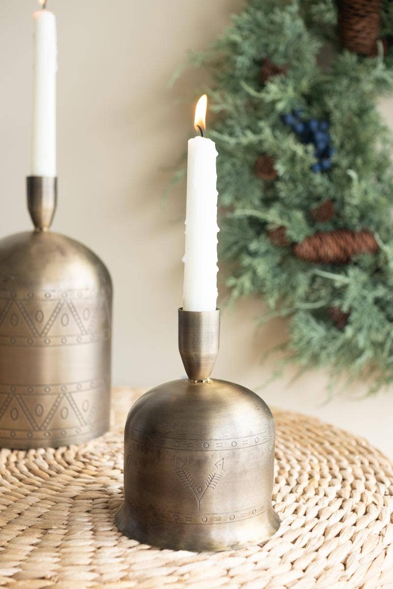 SET OF TWO ANTIQUE BRASS BELL TAPER CANDLE HOLDERS: Gold / Iron / Large: 5"d x 9"t; 
Small: 4"d x 5.5"t