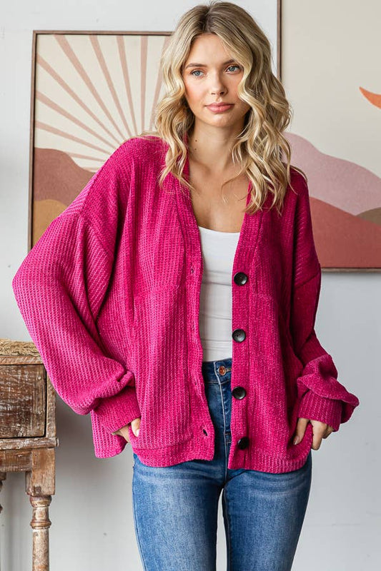 Chenille Drop Shoulder Button Front Cardigan