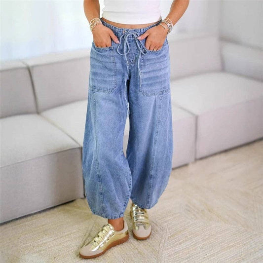 Elastic Waist Drawstring Jeans: BABY BLUE