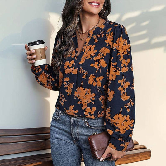 Long-sleeved Pullover Printed Shirt: Navy blue