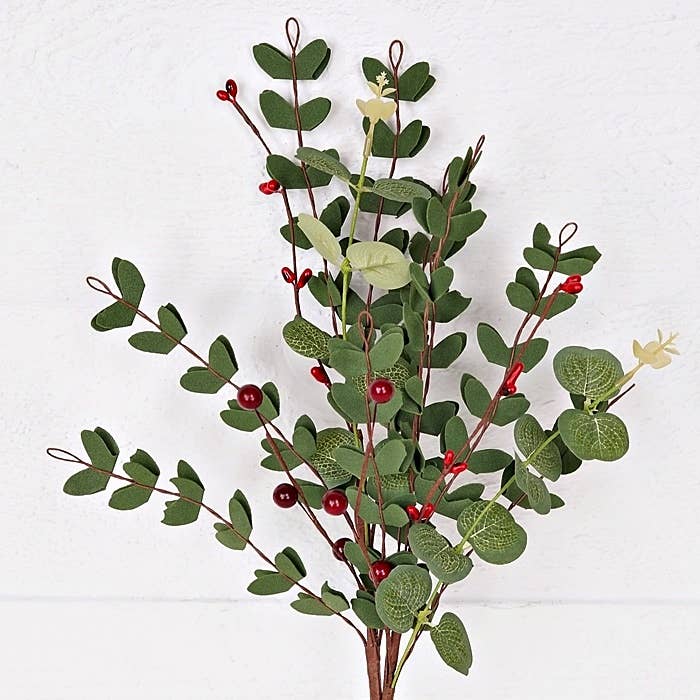 9in Pick-Mixed PE Euclyaptus with Red Berries-