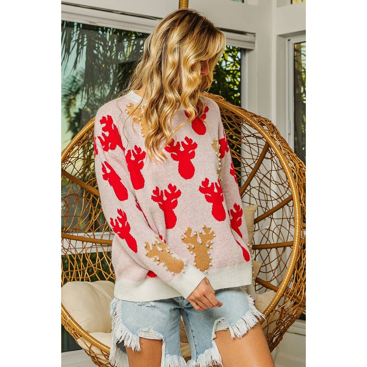 PEARL BEAD RUDOLPH CHRISTMAS SWEATER