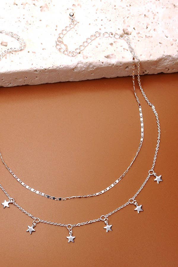 DELICATE DOUBLE LAYER STAR DROP NECKLACE | 47N19411: SILVER