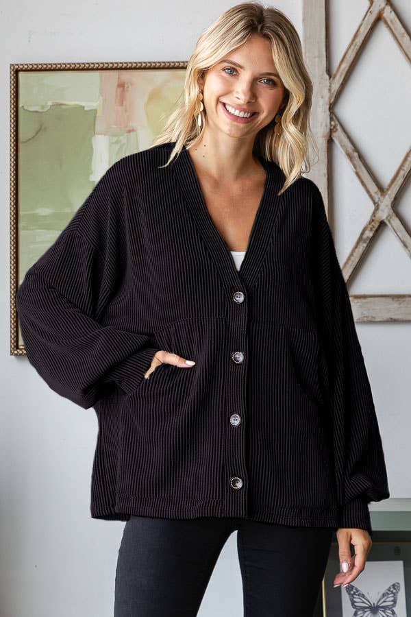 Solid Rib Drop Shoulder Button Balloon Sleeve Cardigan
