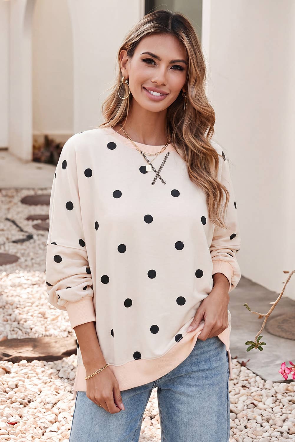 Polka Dot Round Neck Oversized Sweatshirt