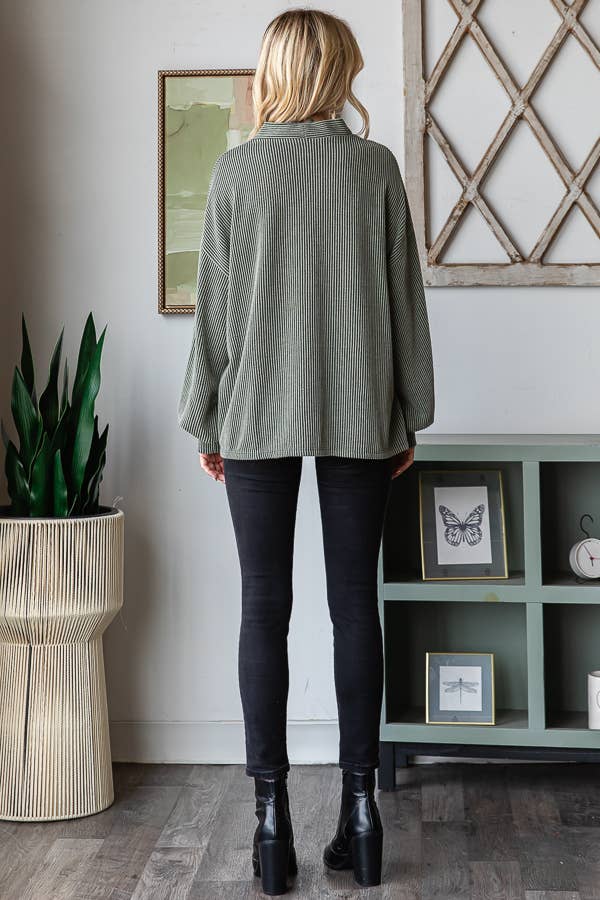 Solid Rib Drop Shoulder Button Balloon Sleeve Cardigan