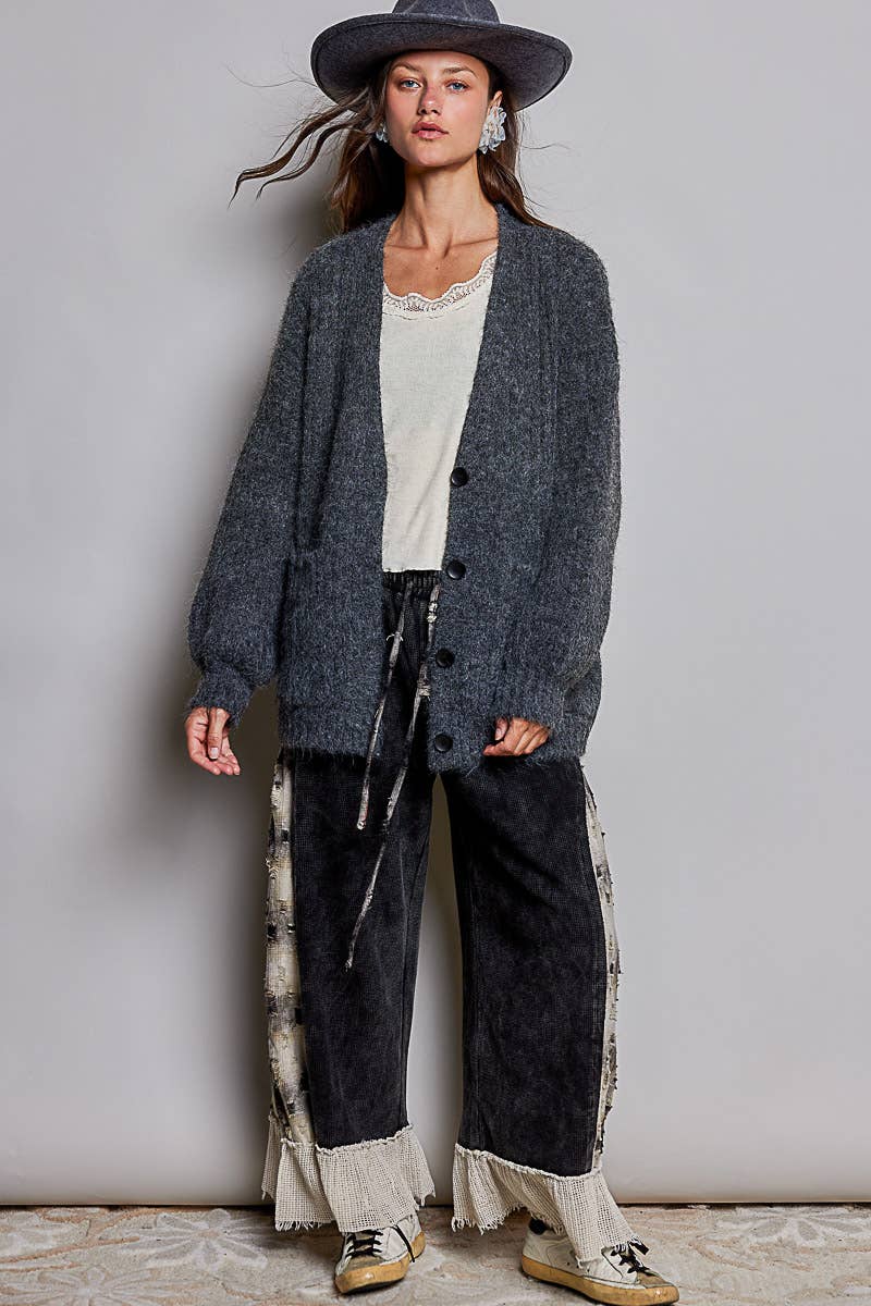 Oversized Ribbed Knit V-Neck Button Pockets Cardigan ALMOND / OS