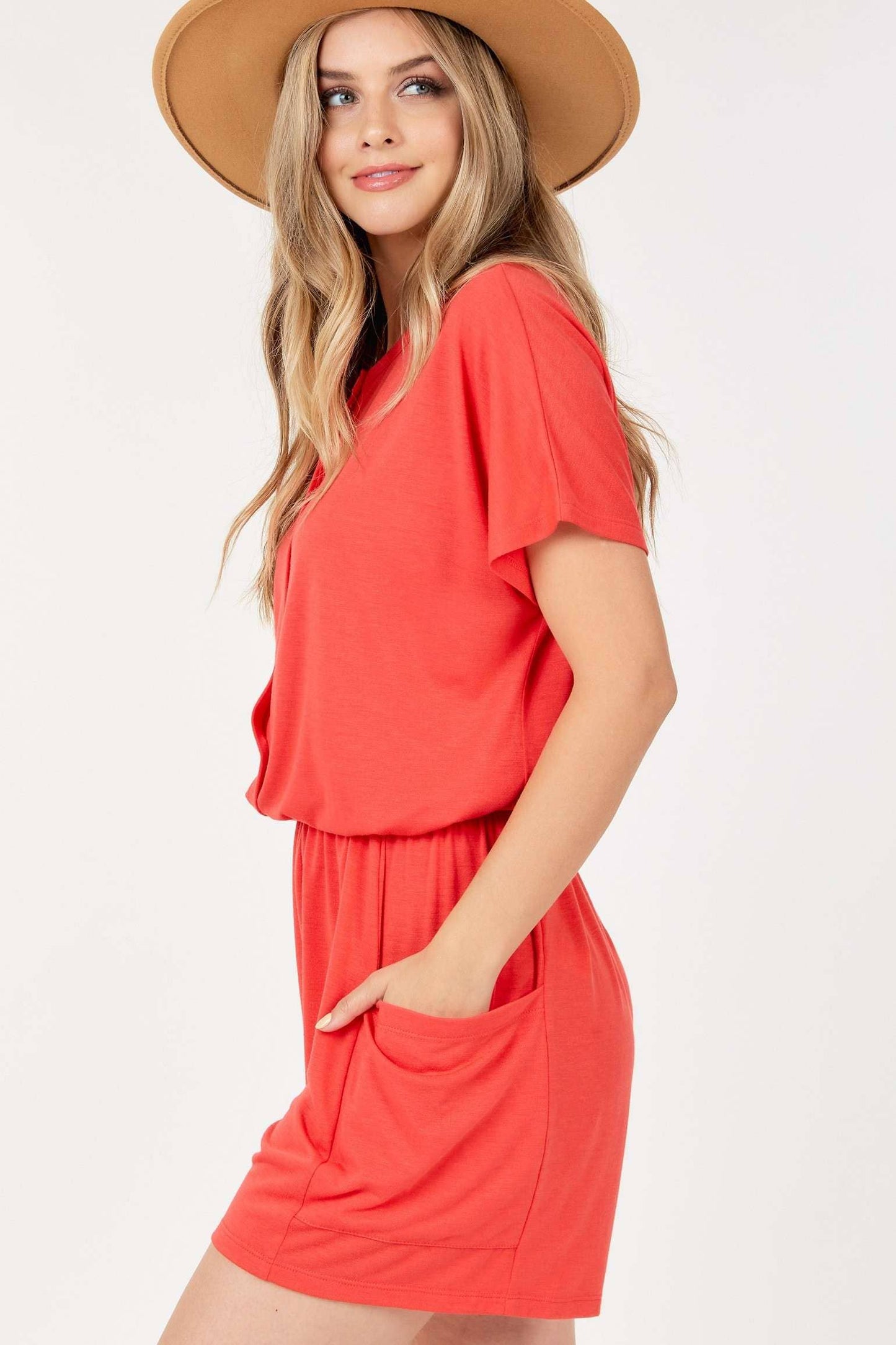 Short Sleeve Button up Romper Red