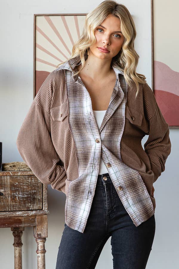 Rib Plaid Contrast Drop Shoulder Button Down Shacket