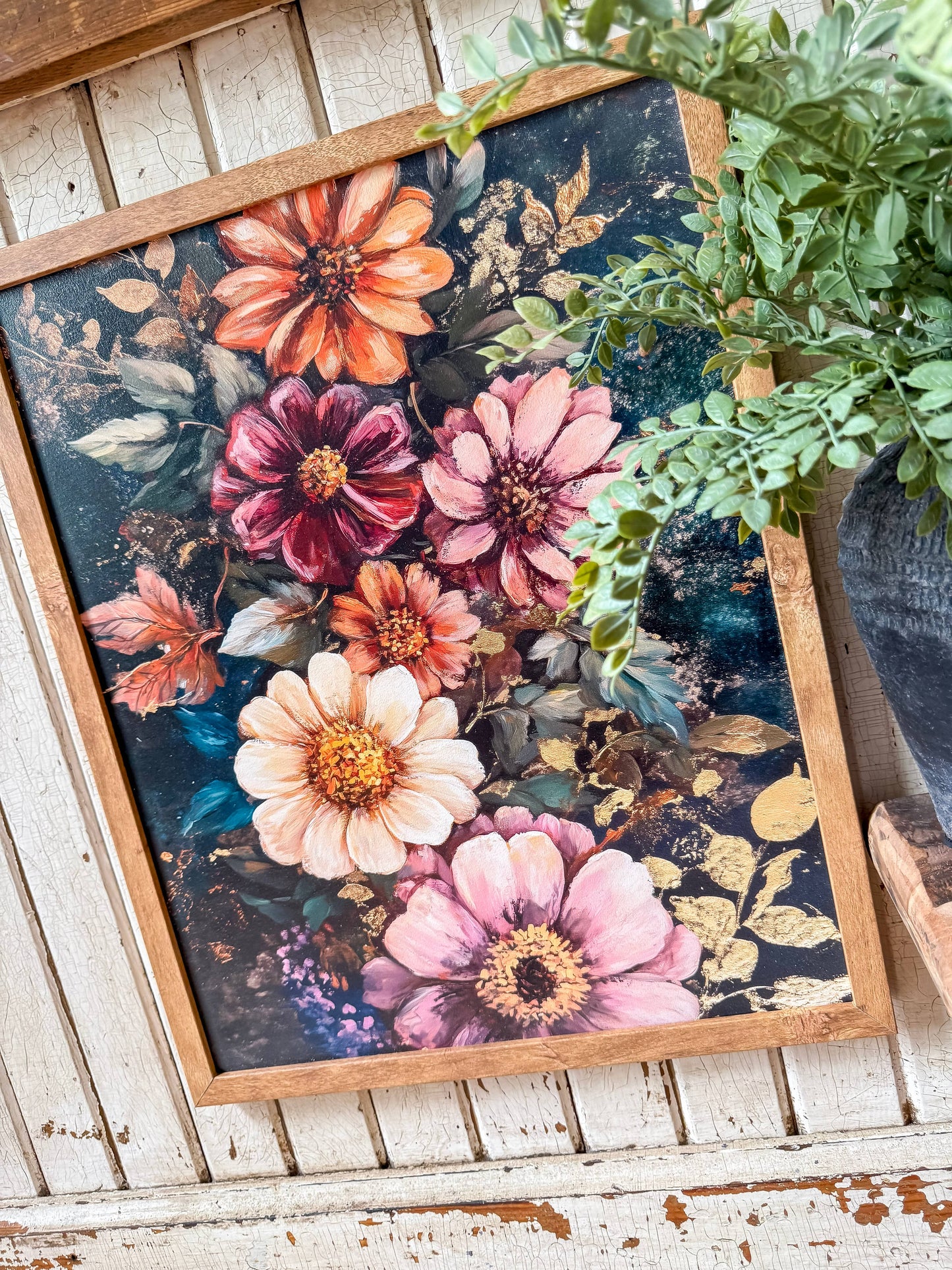 Bold Coloful Moody Floral Wood Sign: Light Frame / 16x20 Inches
