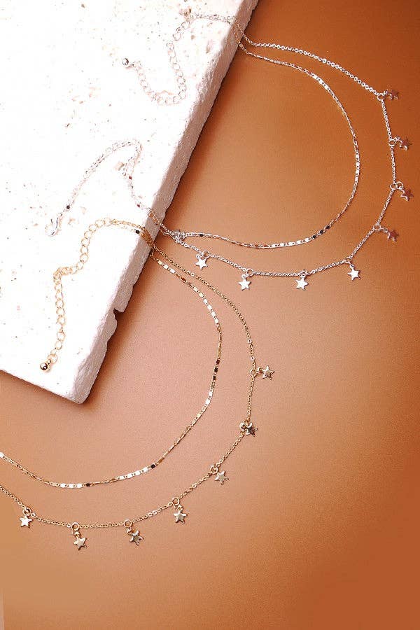 DELICATE DOUBLE LAYER STAR DROP NECKLACE | 47N19411: SILVER