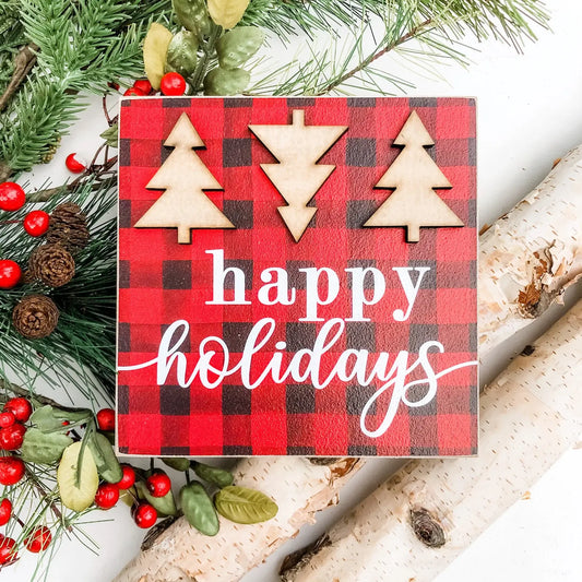 Christmas Mini Block Tiered Tray Signs - Laser Cut Design: Happy Holidays