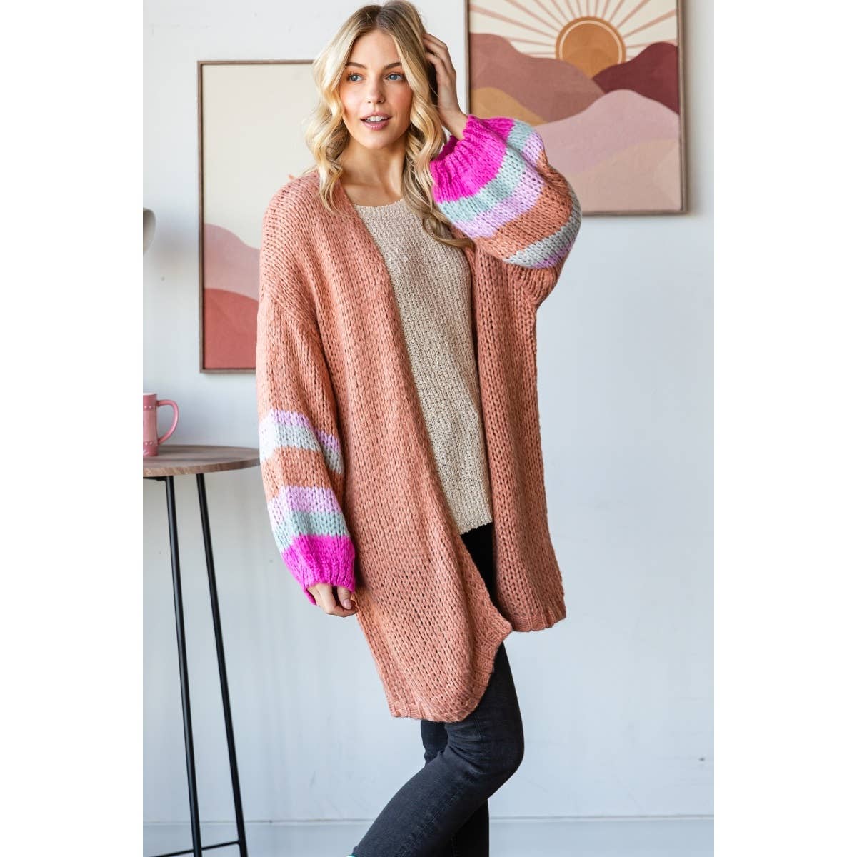 Stripe Sleeve Long Cardigan: Brown