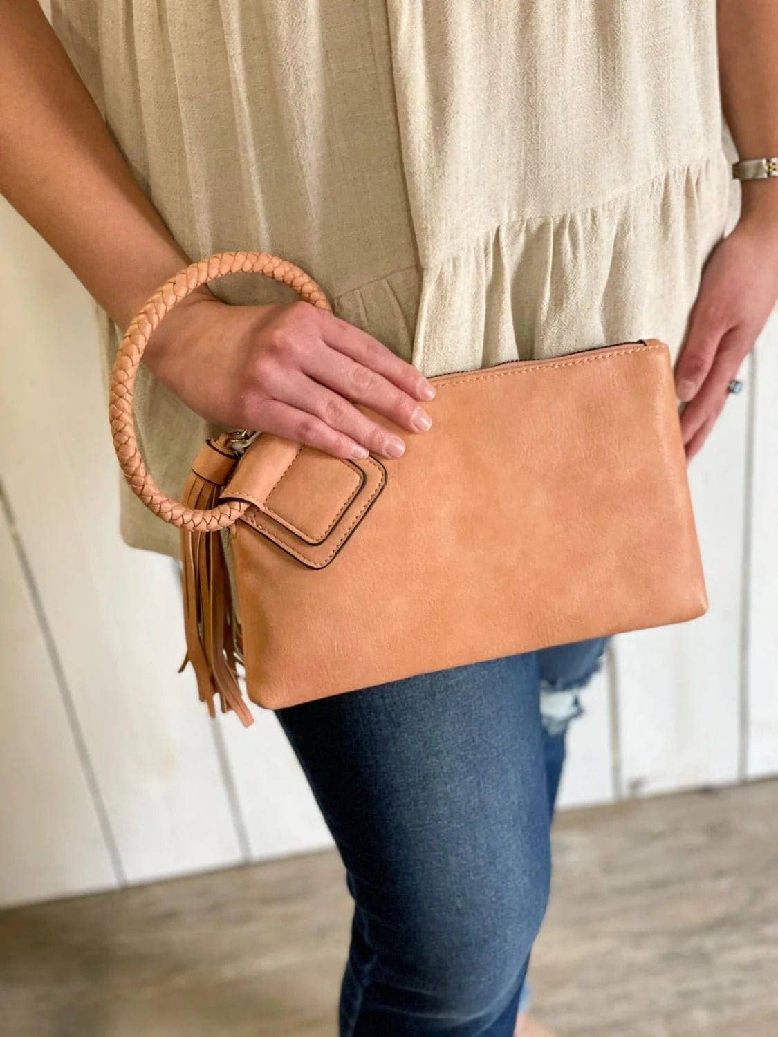 JYM0346 Soft Vegan Leather Wristlet/Clutch: Brown
