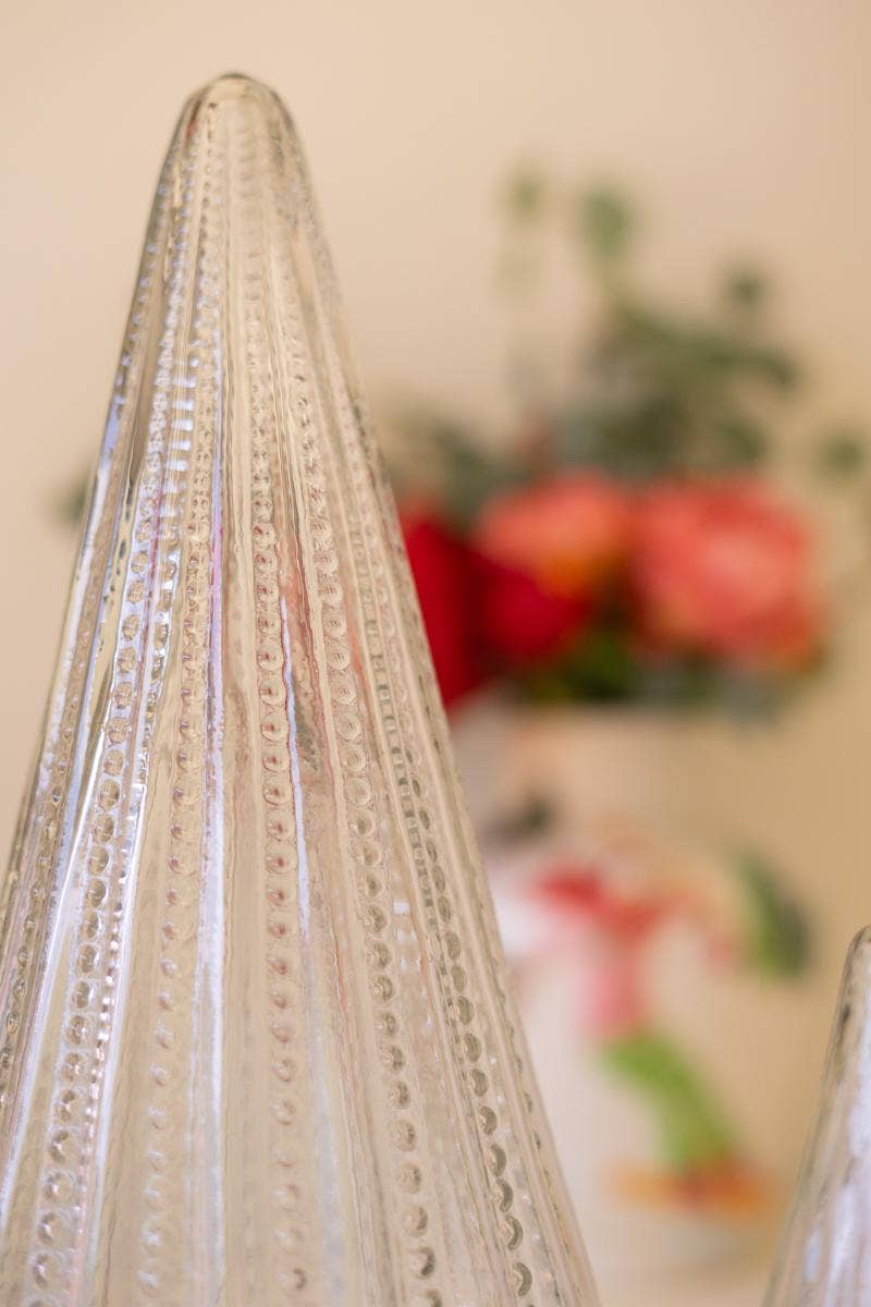 SET OF TWO GLASS CHRISTMAS TREES - CLEAR: Clear / Glass / Large: 7"d x 14.5"t; 
Small: 5"d x 9.5"t