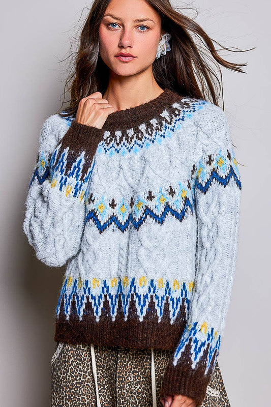 Cable Knit Ribbed Trim Sweater LIGHT GREY / OS