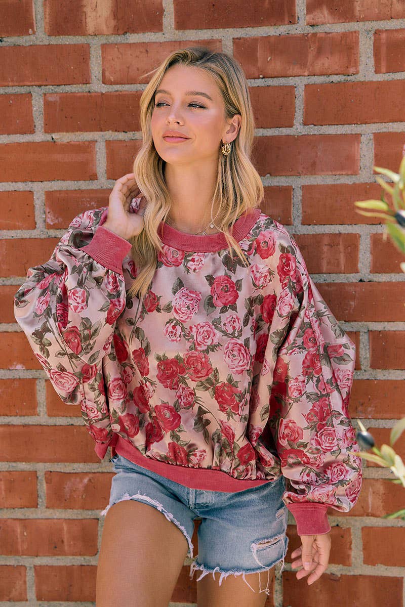 WOMENS ROSE FLORAL DOLMAN SLEEVE PULLOVER SWEATSHIRT