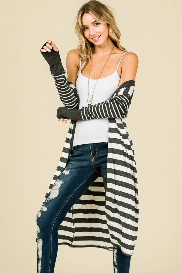 Striped Open front Thumbhole Maxi Cardigan