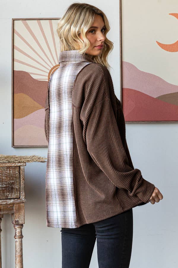 Rib Plaid Contrast Drop Shoulder Button Down Shacket