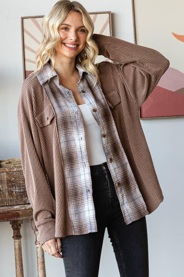 Rib Plaid Contrast Drop Shoulder Button Down Shacket
