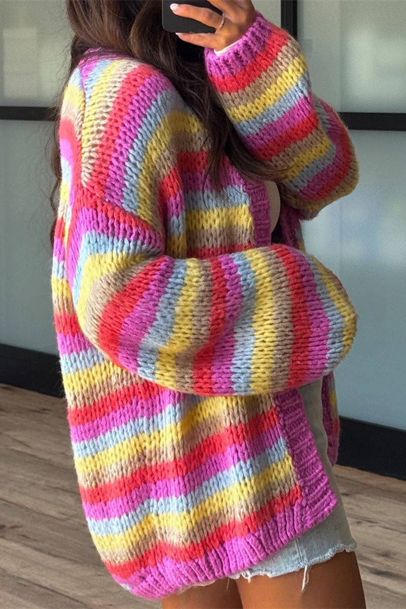 Striped Open-Front Chunky Cardigan