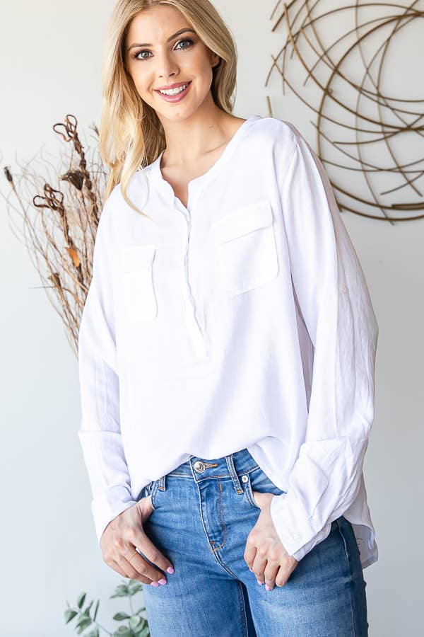 LS ROUND NECK BUTTON DOWN BLOUSE: BLUE