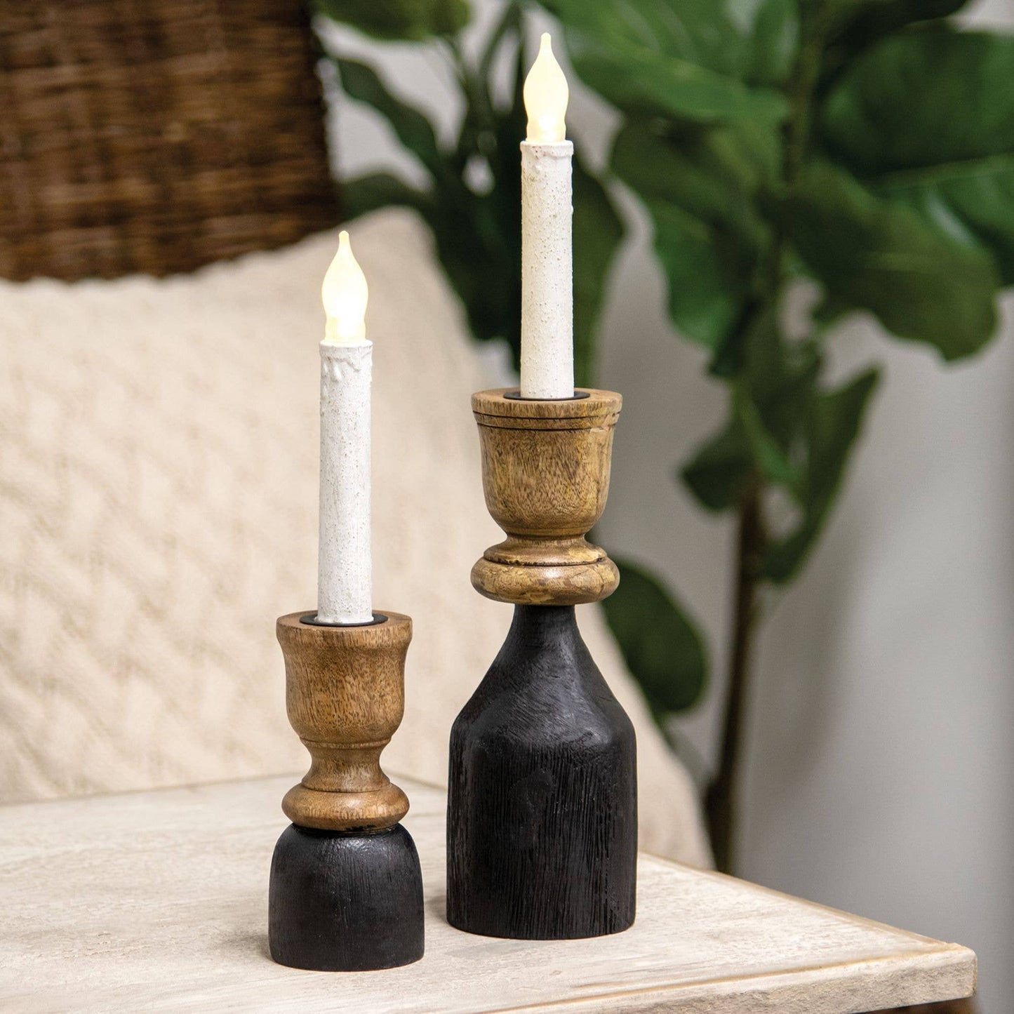 Black & Natural Wood Taper Candle Holder, 5.25"