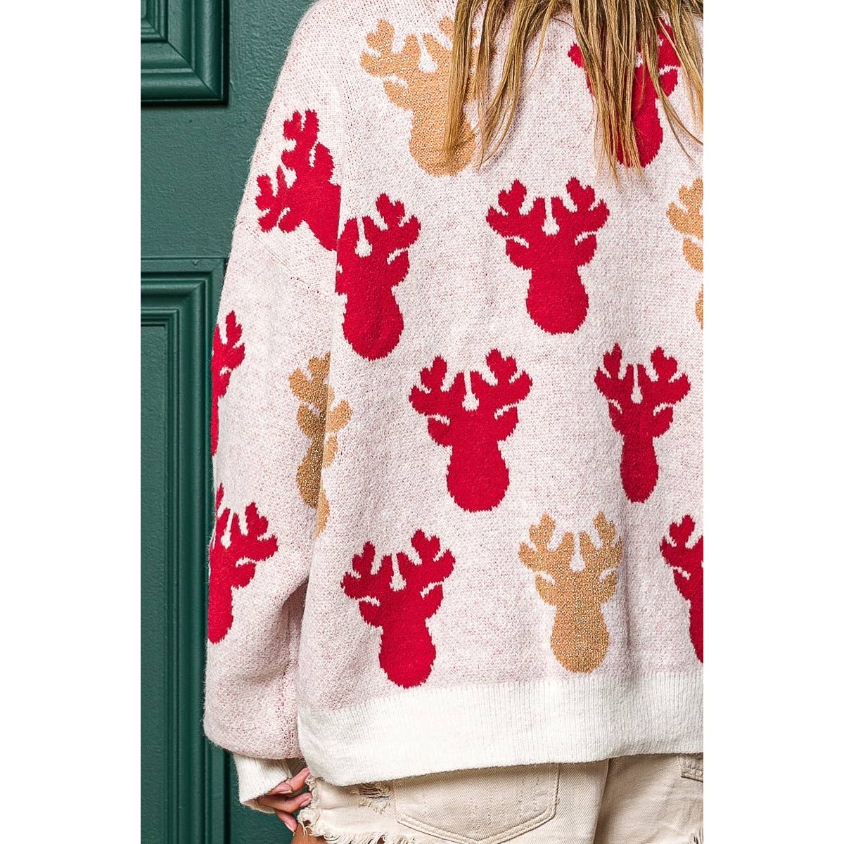 PEARL BEAD RUDOLPH CHRISTMAS SWEATER