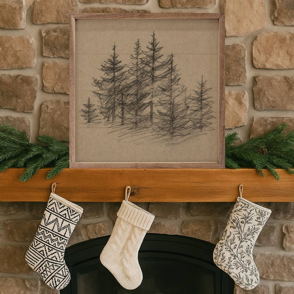 Vintage Pencil Drawing Pines: 16x16
