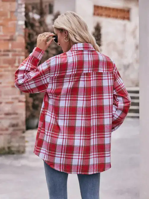 Oversized Loose Plaid Shirt: Red