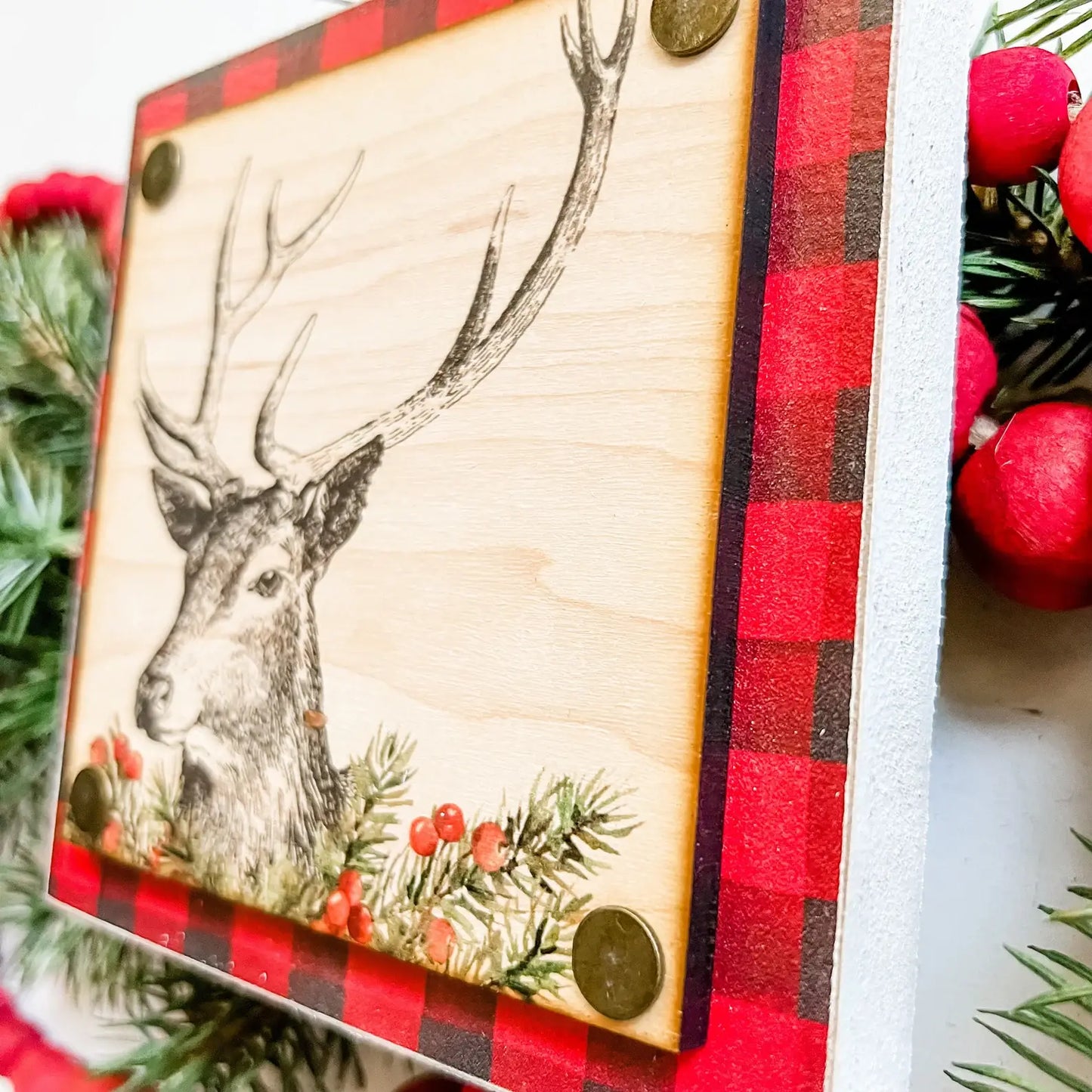 Christmas Mini Block Tiered Tray Signs: Plaid Deer