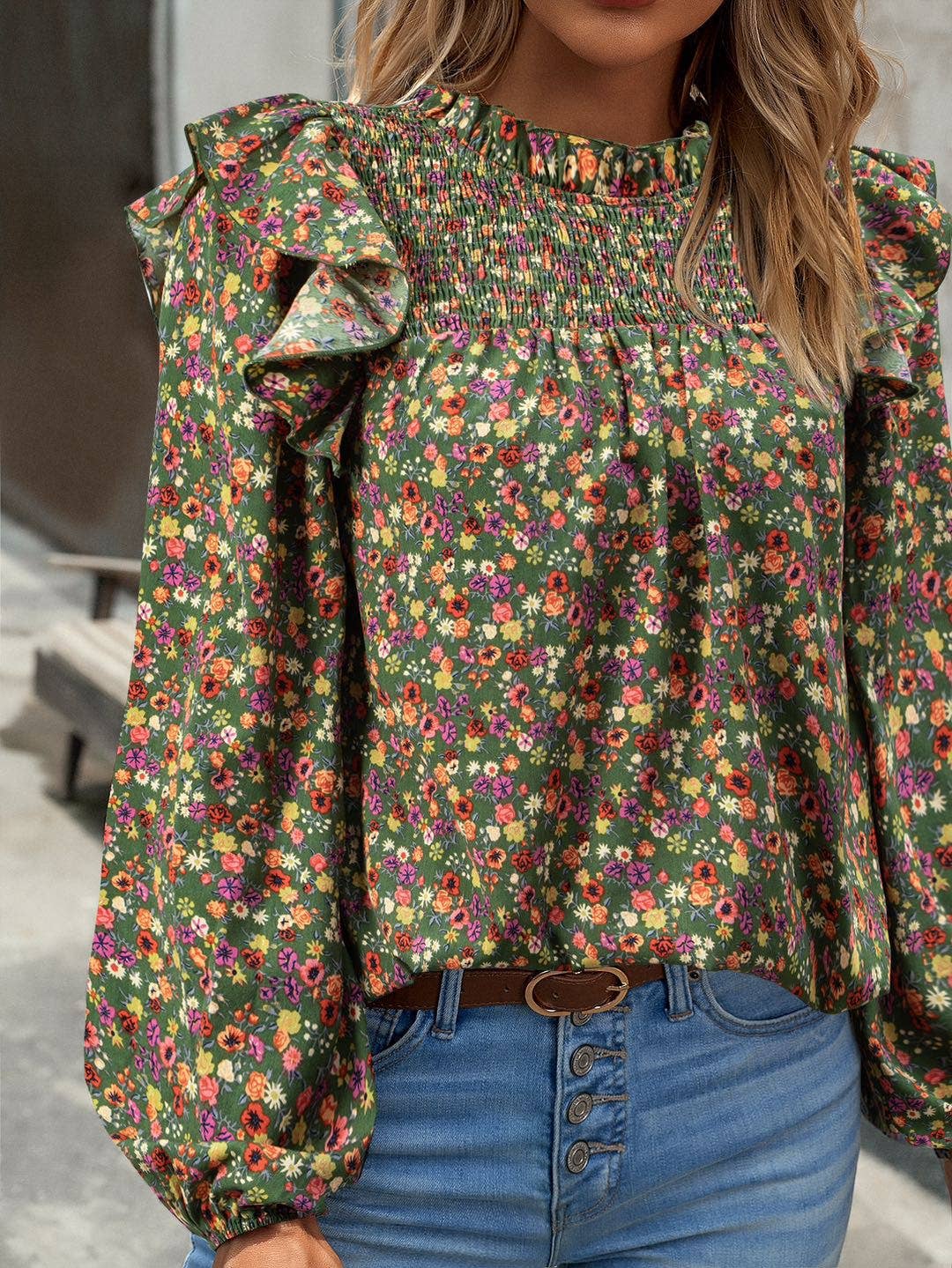 "Anna" Long sleeve floral blouse: Cream