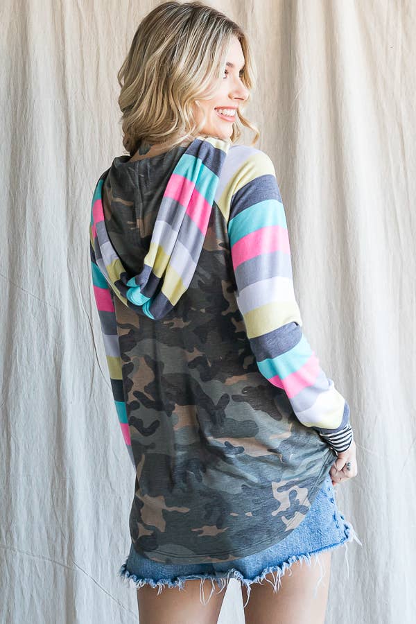 Camo Print Stripe Raglan Sleeve Hoodie