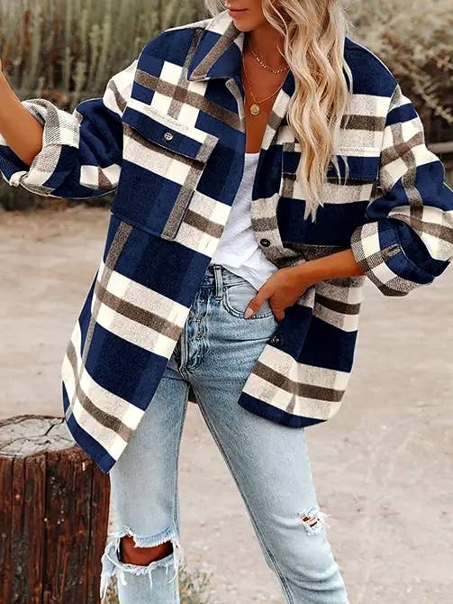 Green Plaid Button Flannel Shirt Jacket: Green