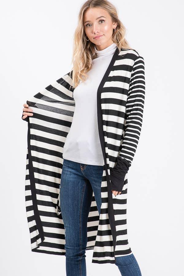 Striped Open front Thumbhole Maxi Cardigan